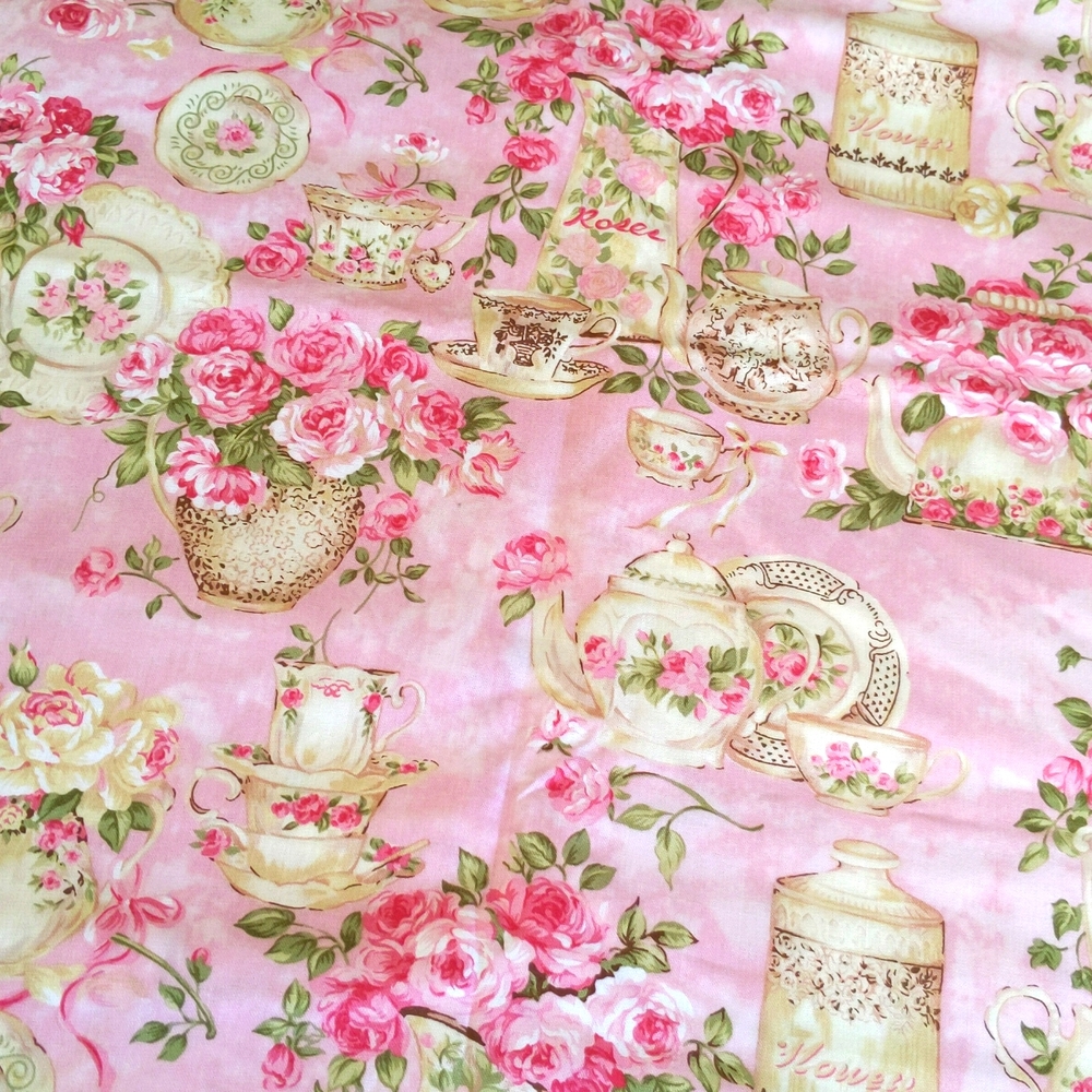 3 yard piece pink Rose Garden Tea For Two breast cancer awareness fabric materia